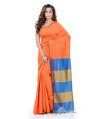 Orange hand woven cotton silk saree with blouse
