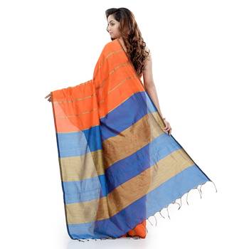 Orange hand woven cotton silk saree with blouse 2