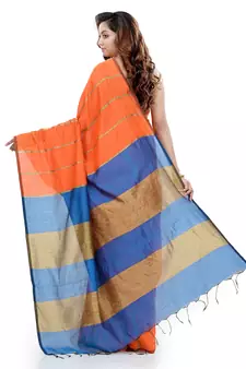 Orange hand woven cotton silk saree with blouse