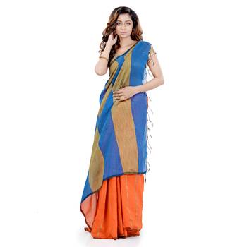 Orange hand woven cotton silk saree with blouse 3