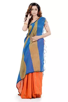 Orange hand woven cotton silk saree with blouse