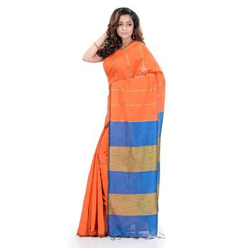 Orange hand woven cotton silk saree with blouse 5