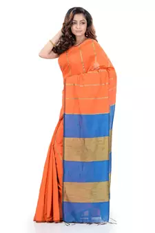 Orange hand woven cotton silk saree with blouse