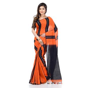 Orange hand woven cotton silk saree with blouse 1