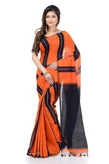 Orange hand woven cotton silk saree with blouse