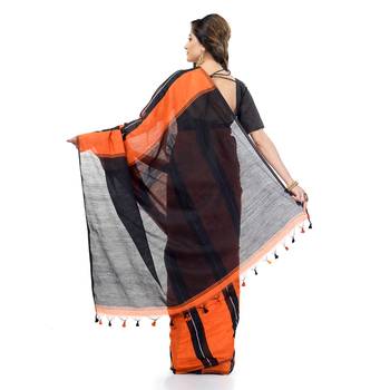 Orange hand woven cotton silk saree with blouse 2