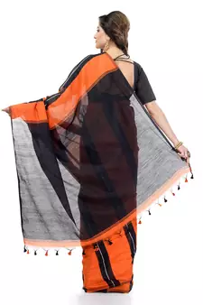 Orange hand woven cotton silk saree with blouse
