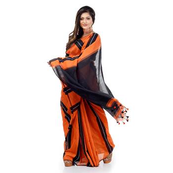 Orange hand woven cotton silk saree with blouse 3
