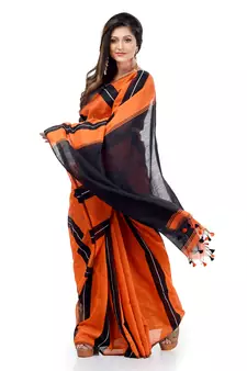 Orange hand woven cotton silk saree with blouse