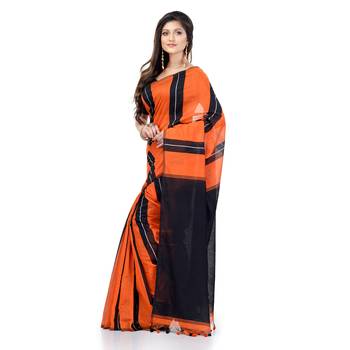 Orange hand woven cotton silk saree with blouse 5