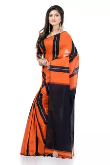 Orange hand woven cotton silk saree with blouse