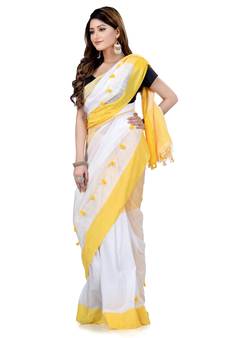 Yellow hand woven cotton saree with blouse