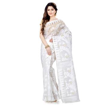 White Hand Woven Cotton Saree Without Blouse 1