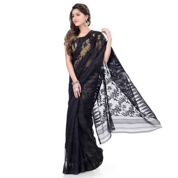 Black Hand Woven Cotton Saree Without Blouse 1