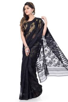 Black Hand Woven Cotton Saree Without Blouse