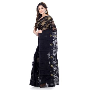 Black Hand Woven Cotton Saree Without Blouse 3