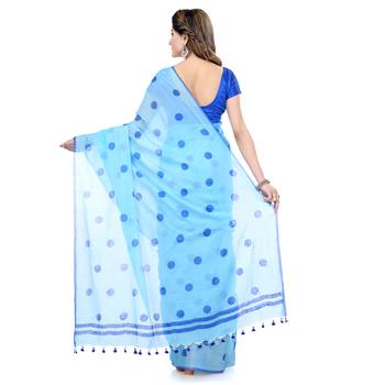 Blue Printed Cotton Saree Without Blouse 2