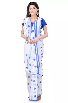 Blue Printed Cotton Saree Without Blouse