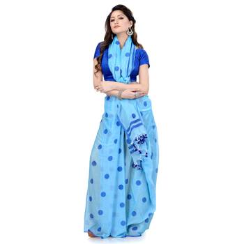 Blue Printed Cotton Saree Without Blouse 3