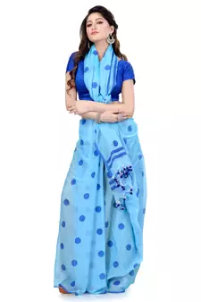 Blue Printed Cotton Saree Without Blouse