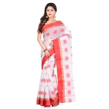 White Hand Woven Cotton Saree Without Blouse 1