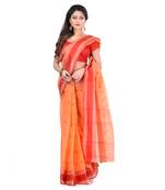 Orange hand woven cotton saree 