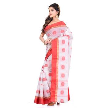 White Hand Woven Cotton Saree Without Blouse 3