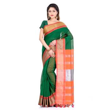 Green hand woven cotton silk saree with blouse 1
