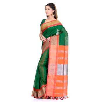 Green hand woven cotton silk saree with blouse 3