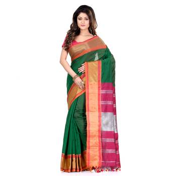 Green hand woven cotton silk saree with blouse 1
