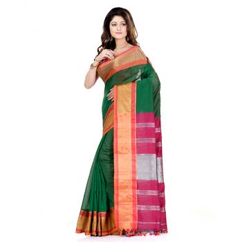 Green hand woven cotton silk saree with blouse 3