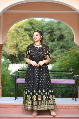 KAAJH Black Gold Printed Rayon Anarkali Kurta 1