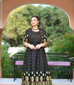 KAAJH Black Gold Printed Rayon Anarkali Kurta