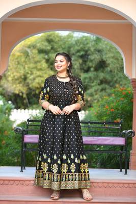 KAAJH Black Gold Printed Rayon Anarkali Kurta 2