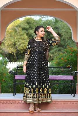 KAAJH Black Gold Printed Rayon Anarkali Kurta 4