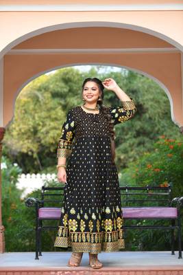 KAAJH Black Gold Printed Rayon Anarkali Kurta 5