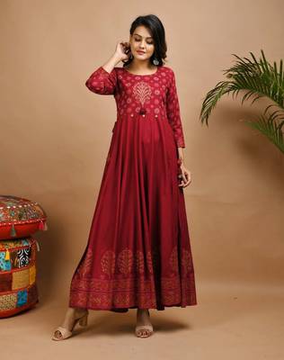 KAAJH Maroon Embellished Printed Rayon Anarkali Kurta 1