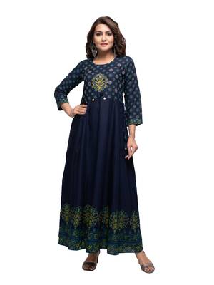KAAJH Blue Embellished Printed Rayon Anarkali Kurta 1