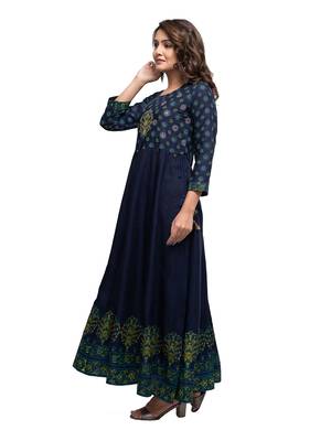 KAAJH Blue Embellished Printed Rayon Anarkali Kurta 2