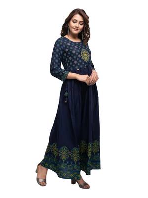 KAAJH Blue Embellished Printed Rayon Anarkali Kurta 3