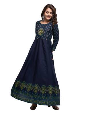 KAAJH Blue Embellished Printed Rayon Anarkali Kurta 4