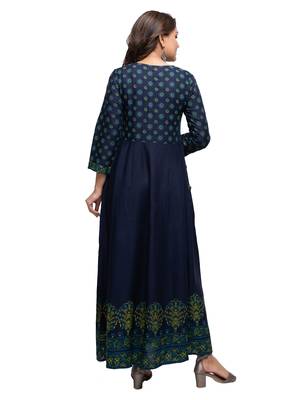 KAAJH Blue Embellished Printed Rayon Anarkali Kurta 5