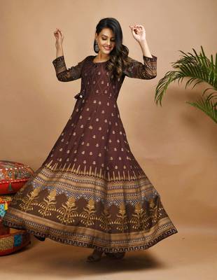 KAAJH Brown Gold Printed Rayon Anarkali Kurta 1