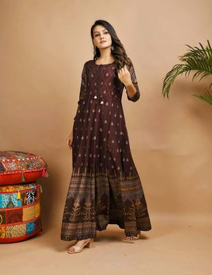 KAAJH Brown Gold Printed Rayon Anarkali Kurta 2