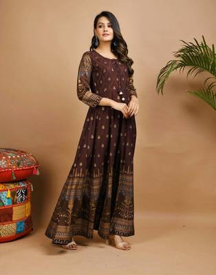 KAAJH Brown Gold Printed Rayon Anarkali Kurta 3