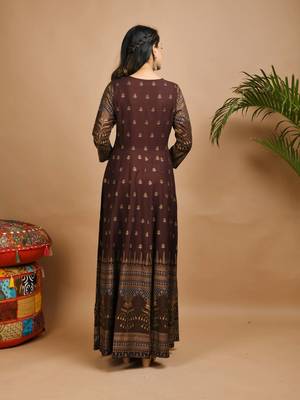 KAAJH Brown Gold Printed Rayon Anarkali Kurta 4