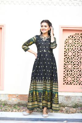 KAAJH Black Green Gold Printed Cotton Anarkali Kurta 1