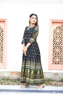 KAAJH Black Green Gold Printed Cotton Anarkali Kurta 2