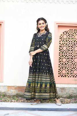 KAAJH Black Green Gold Printed Cotton Anarkali Kurta 3