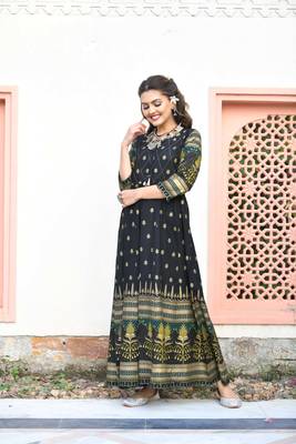 KAAJH Black Green Gold Printed Cotton Anarkali Kurta 4